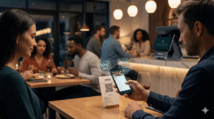 Happy customer paying through QR code in PAYS handled restaurant