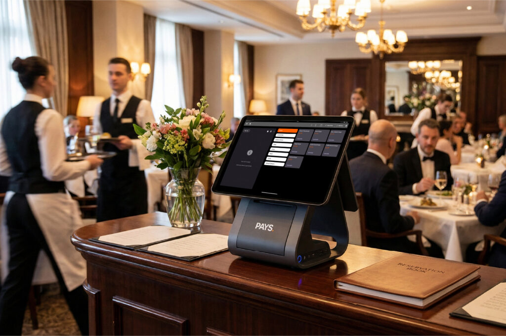 Restaurant scene with digital ordering system.